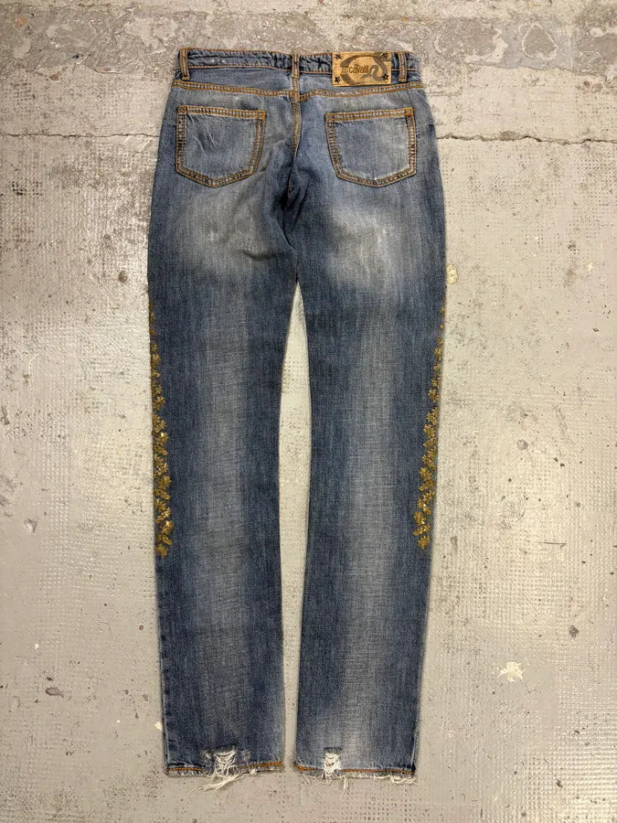 SS2005 Cavalli Blue Embroidered Distressed Denim Jeans AQGobZF 5
