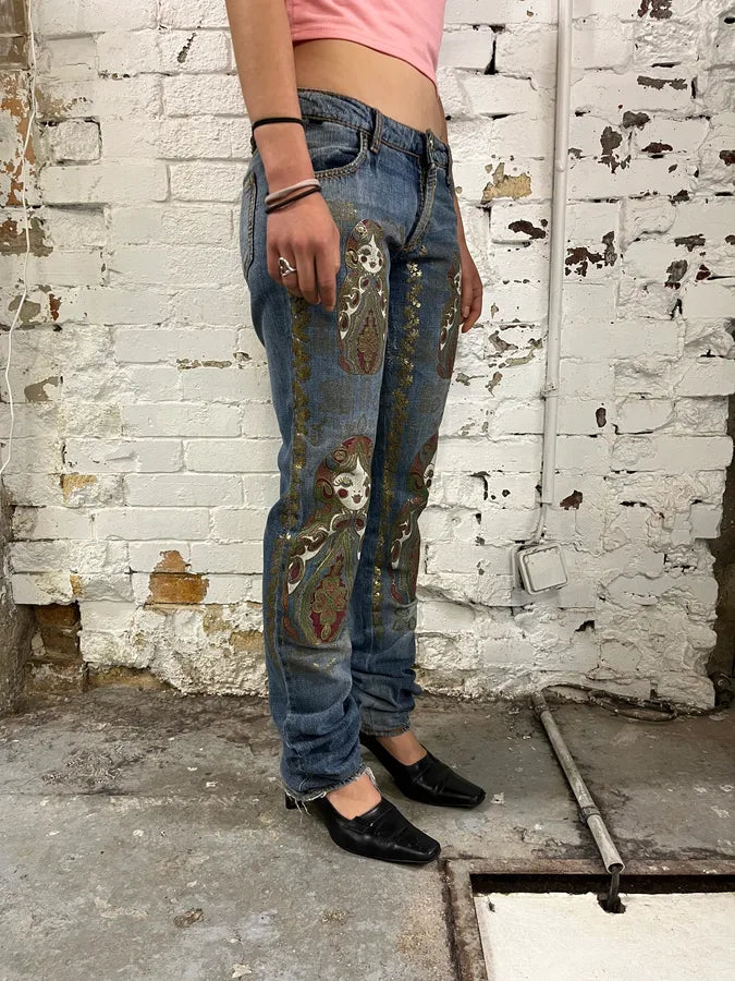 SS2005 Cavalli Blue Embroidered Distressed Denim Jeans AQGobZF 1