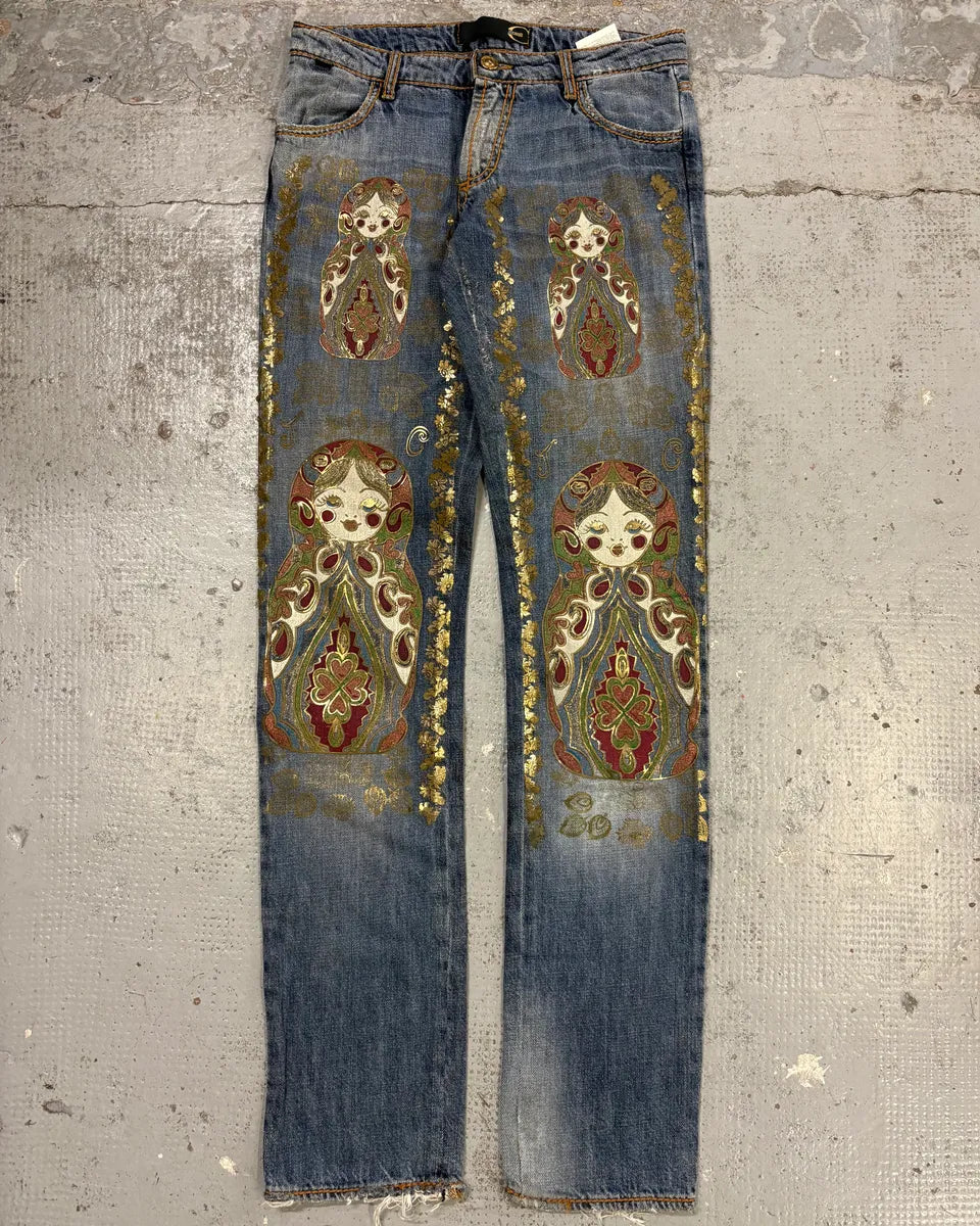 SS2005 Cavalli Blue Embroidered Distressed Denim Jeans AQGobZF 3