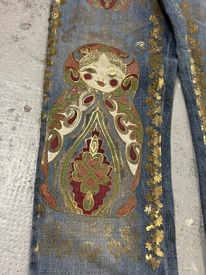 SS2005 Cavalli Blue Embroidered Distressed Denim Jeans AQGobZF 7