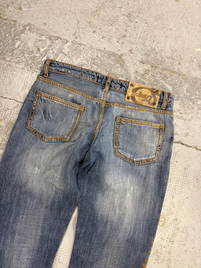 SS2005 Cavalli Blue Embroidered Distressed Denim Jeans AQGobZF 6