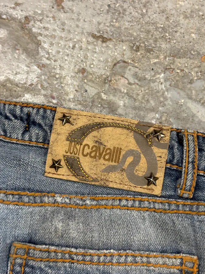 SS2005 Cavalli Blue Embroidered Distressed Denim Jeans AQGobZF 8