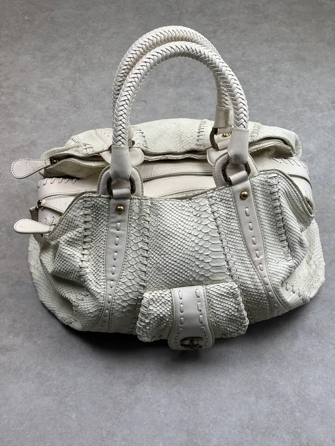 2000s Cavalli Cream Leather Python Embossed Handle Bag xEUsMHO 3