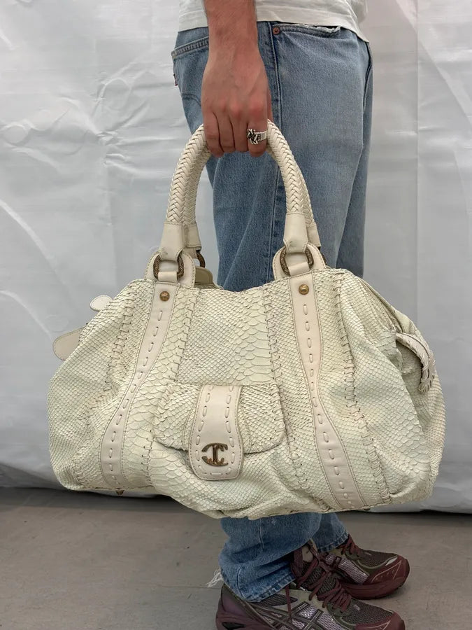 2000s Cavalli Cream Leather Python Embossed Handle Bag xEUsMHO 2