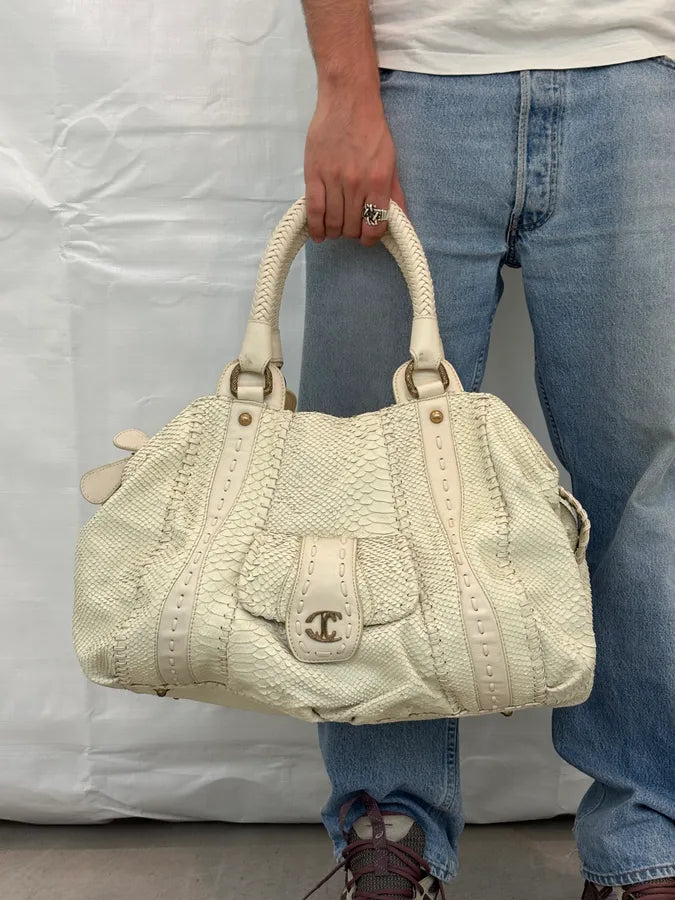 2000s Cavalli Cream Leather Python Embossed Handle Bag xEUsMHO 1