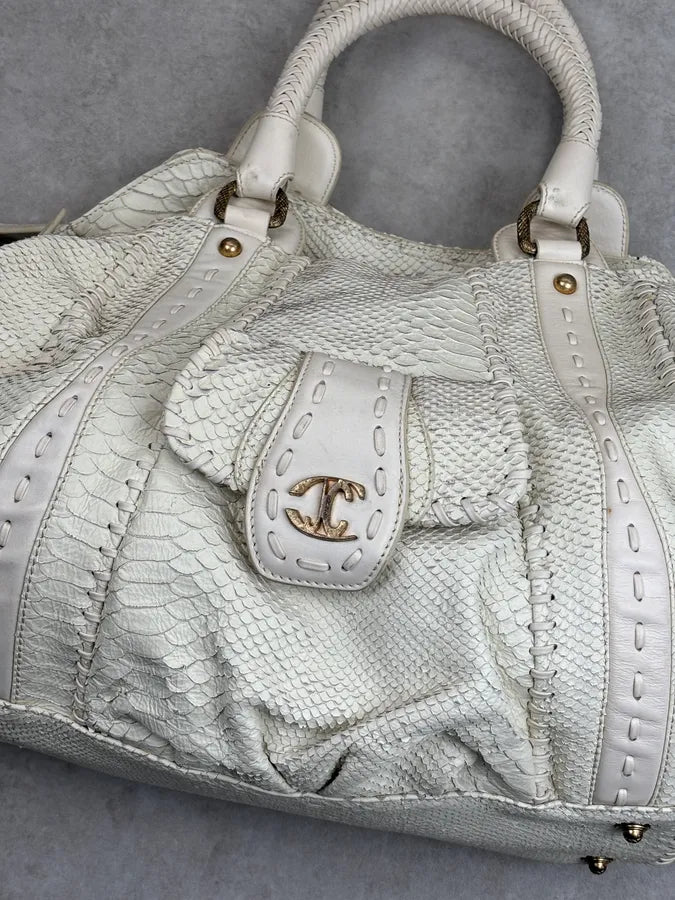 2000s Cavalli Cream Leather Python Embossed Handle Bag xEUsMHO 4