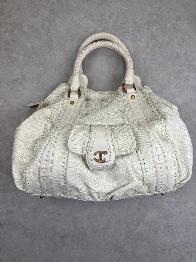 2000s Cavalli Cream Leather Python Embossed Handle Bag xEUsMHO 0