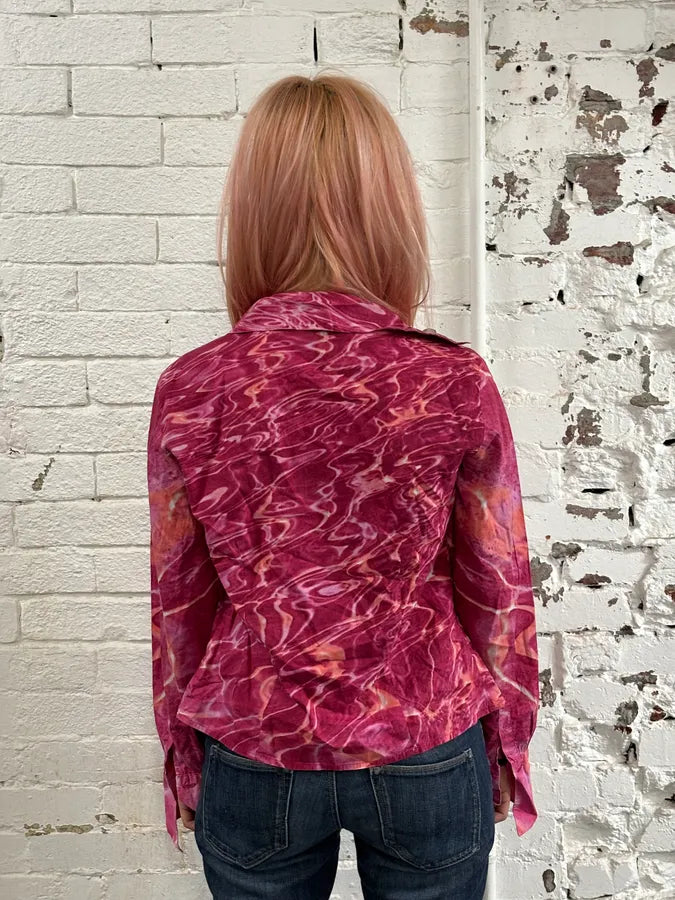 2000s Cavalli Fuchsia Pink Wave Abstract Tie-Dye Shirt kYJPXQB 2