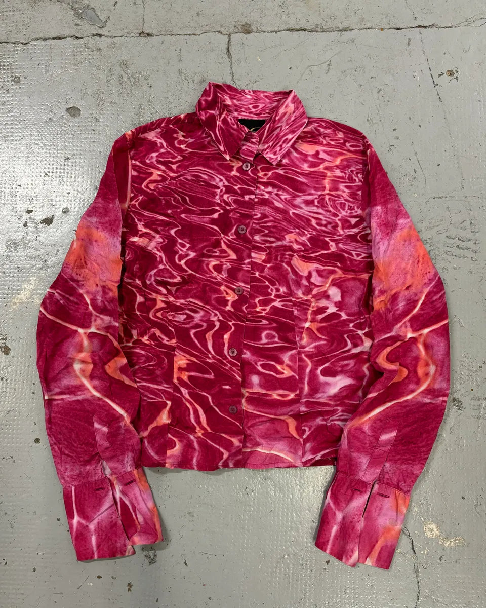2000s Cavalli Fuchsia Pink Wave Abstract Tie-Dye Shirt kYJPXQB 0