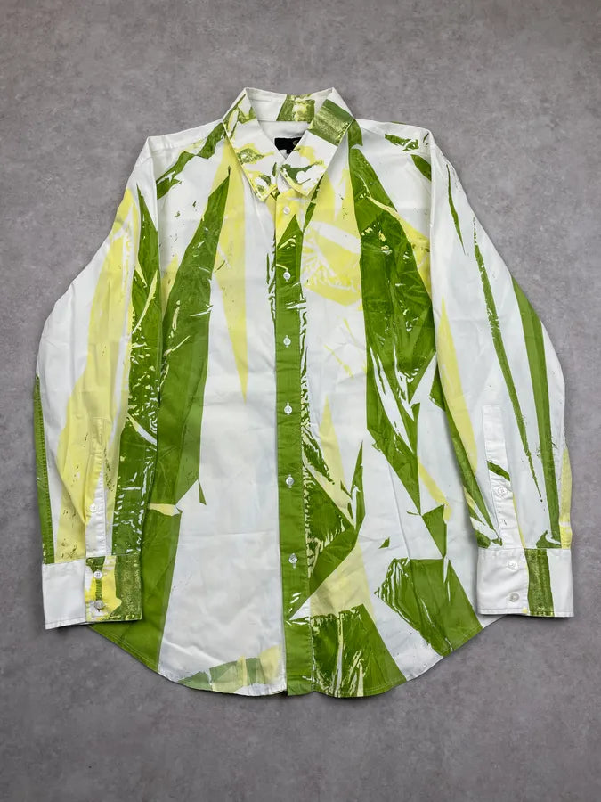 2000s Cavalli White Green & Yellow Abstract Print Shirt HdEttpM 2