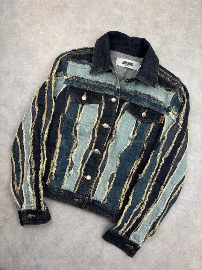 2000s Moschino Blue Navy Distressed Denim Jacket mJcPyGa 3