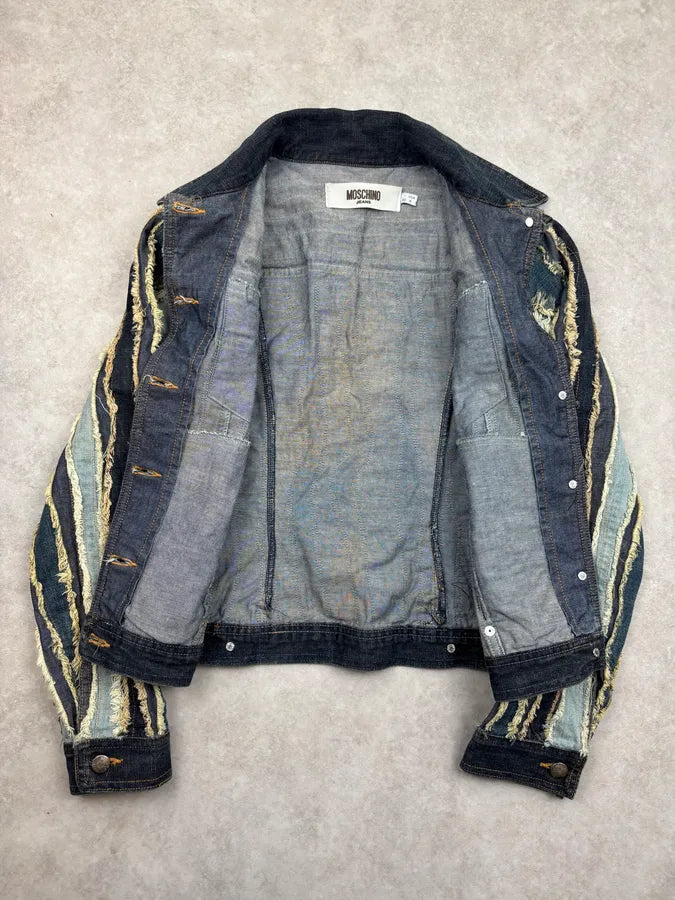 2000s Moschino Blue Navy Distressed Denim Jacket mJcPyGa 7