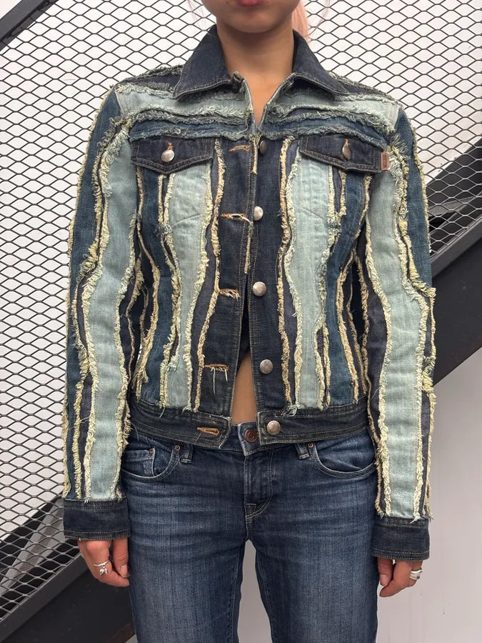2000s Moschino Blue Navy Distressed Denim Jacket mJcPyGa 1
