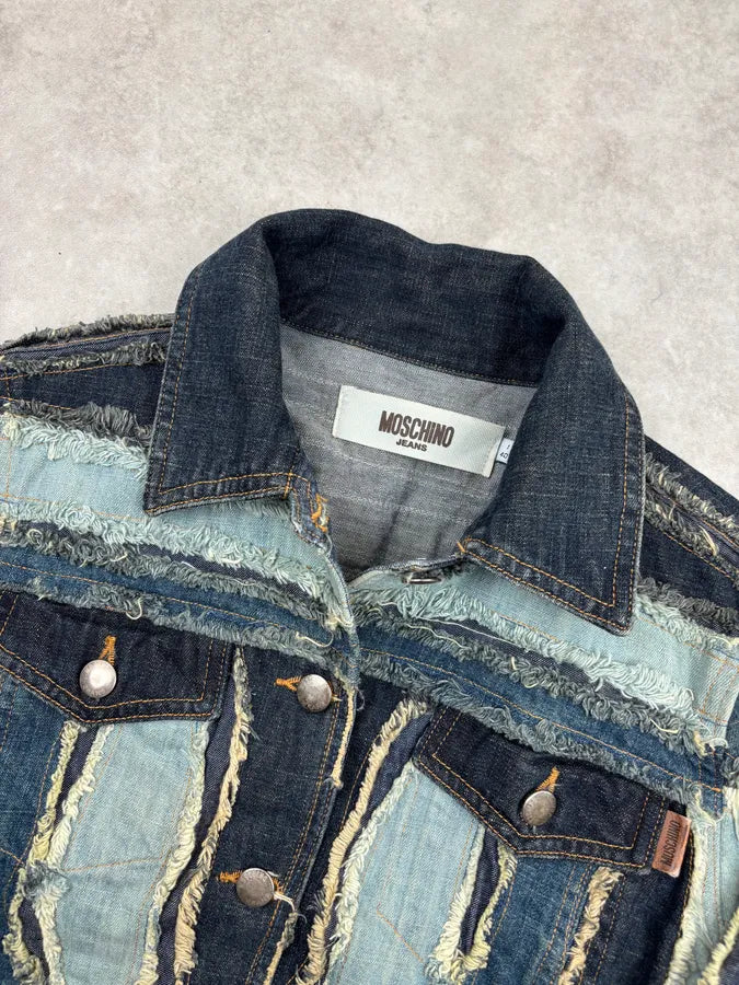 2000s Moschino Blue Navy Distressed Denim Jacket mJcPyGa 4