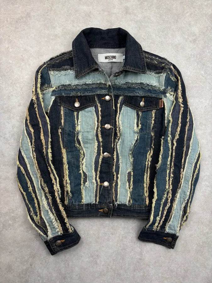 2000s Moschino Blue Navy Distressed Denim Jacket mJcPyGa 0