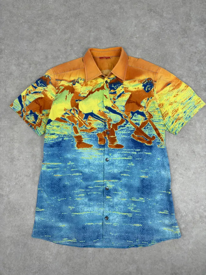 2000s Prada Multicolor Cotton Map Print Thermal Short Sleeves Shirt KrasoDI 0
