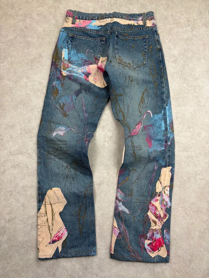2000s Roberto Cavalli Blue Print Floral Denim Jeans tZZbaQc 5