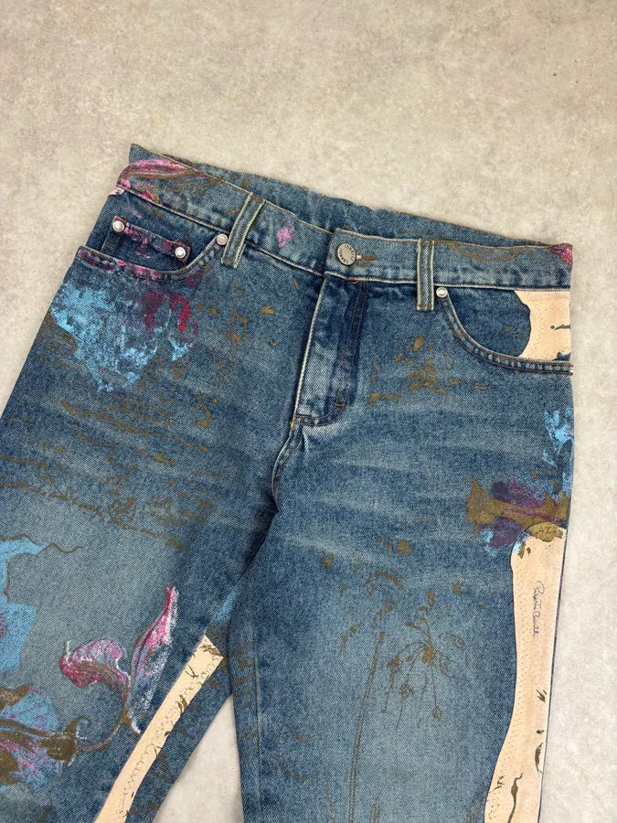 2000s Roberto Cavalli Blue Print Floral Denim Jeans tZZbaQc 4
