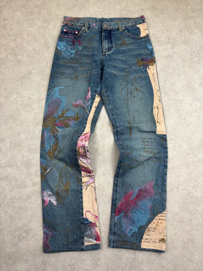 2000s Roberto Cavalli Blue Print Floral Denim Jeans tZZbaQc 0