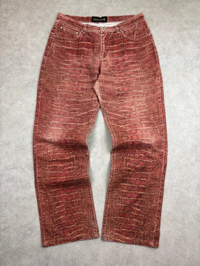 2000s Roberto Cavalli Bordeaux Crocodile Effect Wide Leg Pants QlBsZsO 0