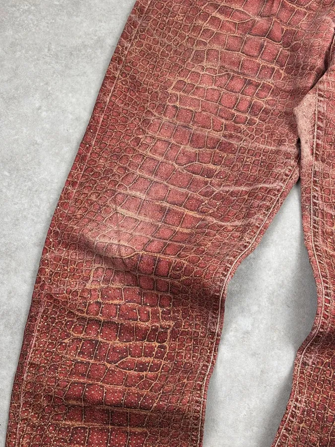 2000s Roberto Cavalli Bordeaux Crocodile Effect Wide Leg Pants QlBsZsO 4