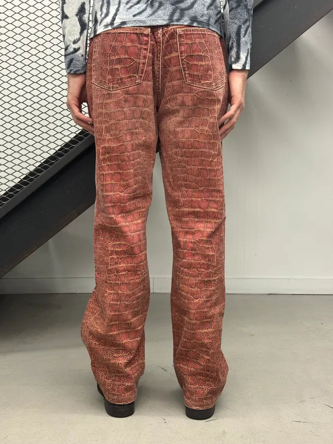 2000s Roberto Cavalli Bordeaux Crocodile Effect Wide Leg Pants QlBsZsO 3