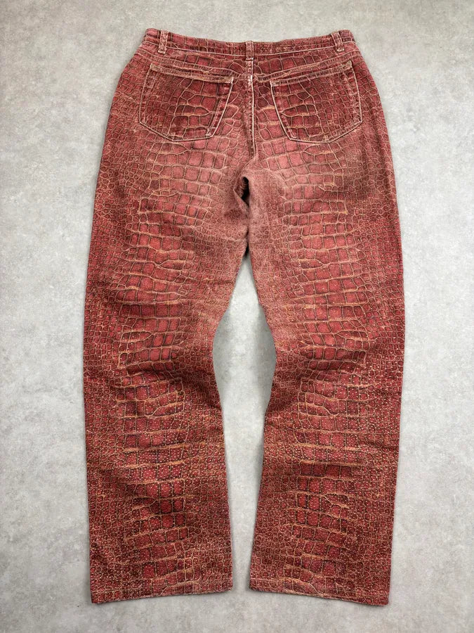 2000s Roberto Cavalli Bordeaux Crocodile Effect Wide Leg Pants QlBsZsO 7