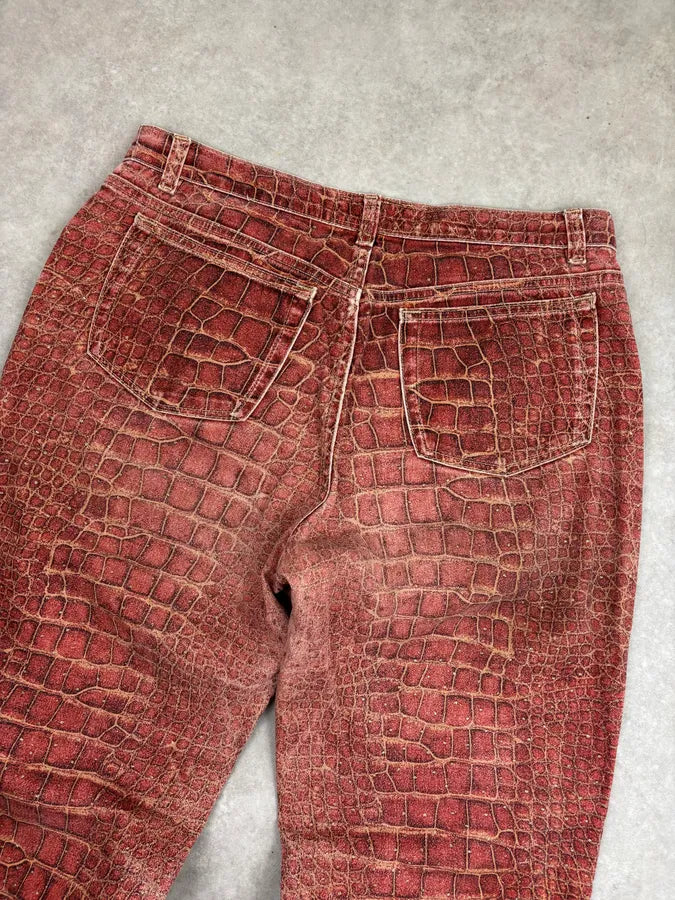 2000s Roberto Cavalli Bordeaux Crocodile Effect Wide Leg Pants QlBsZsO 8