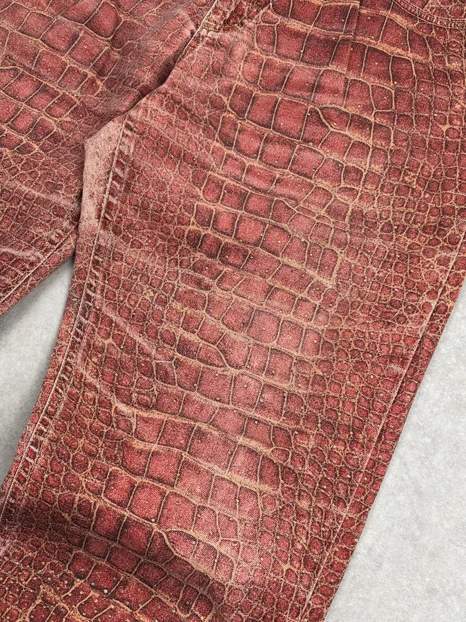 2000s Roberto Cavalli Bordeaux Crocodile Effect Wide Leg Pants QlBsZsO 5
