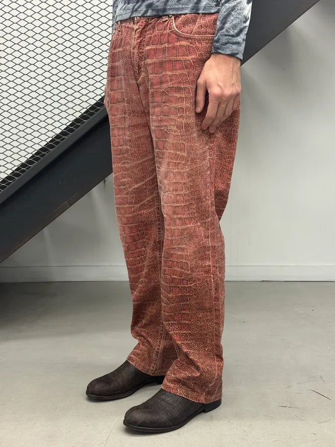 2000s Roberto Cavalli Bordeaux Crocodile Effect Wide Leg Pants QlBsZsO 2