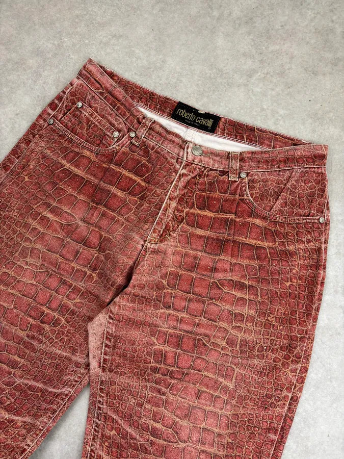 2000s Roberto Cavalli Bordeaux Crocodile Effect Wide Leg Pants QlBsZsO 6