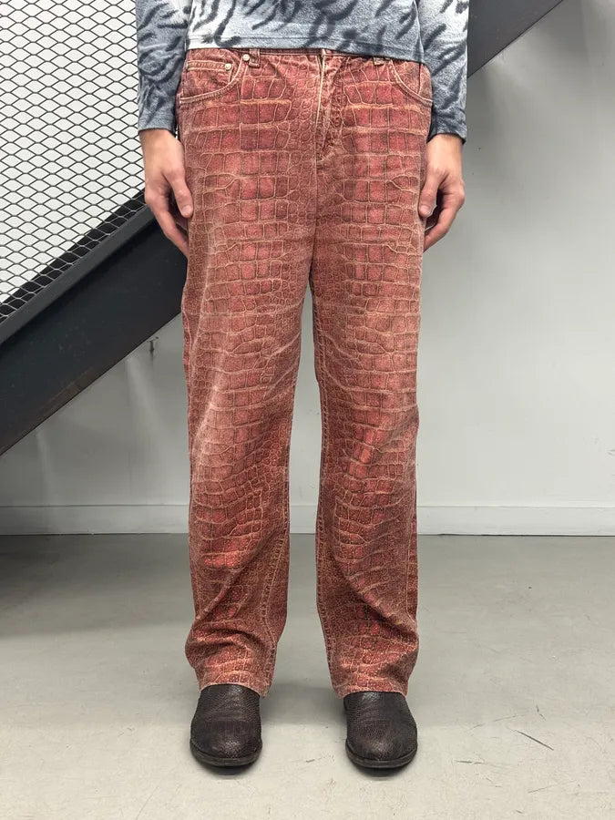 2000s Roberto Cavalli Bordeaux Crocodile Effect Wide Leg Pants QlBsZsO 1