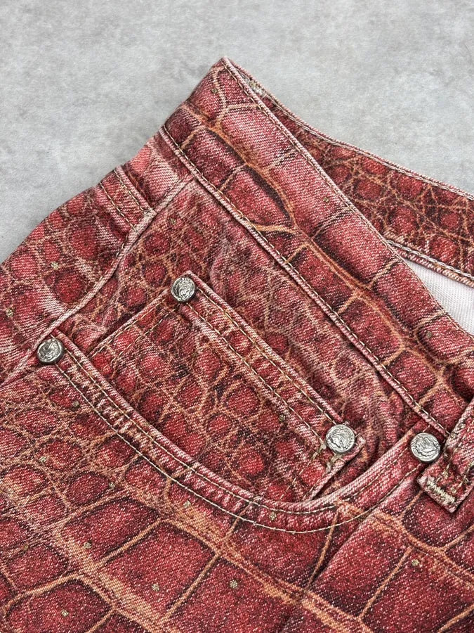 2000s Roberto Cavalli Bordeaux Crocodile Effect Wide Leg Pants QlBsZsO 11