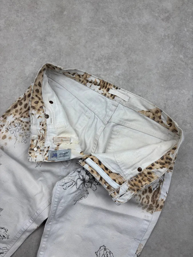 2000s Roberto Cavalli Creamy White Floral Leopard Pants RlkBBjZ 8
