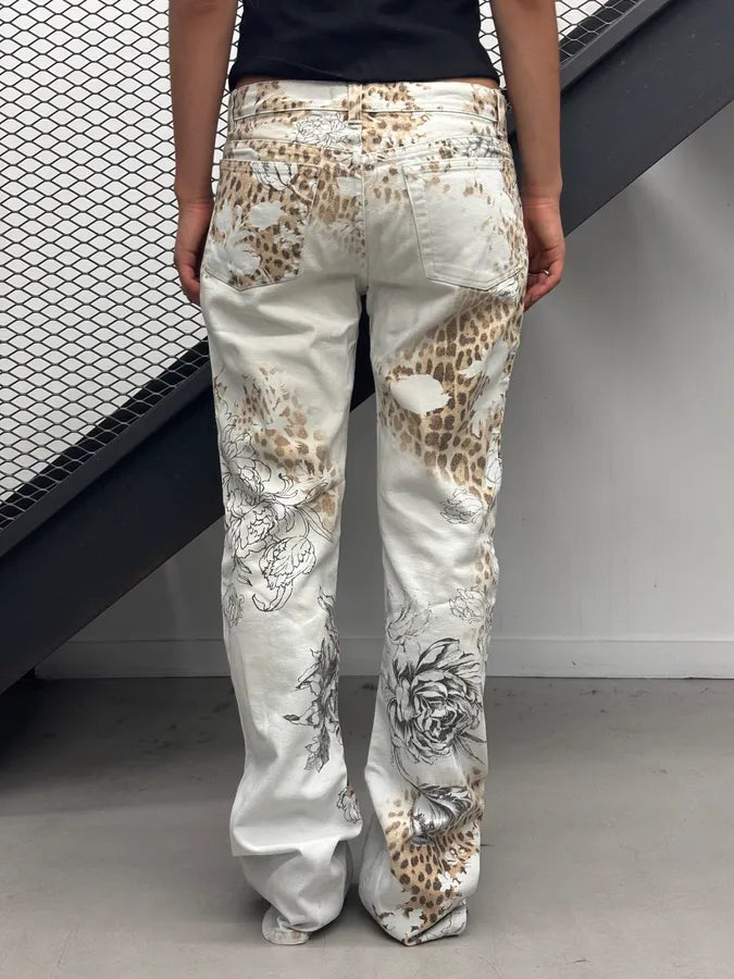 2000s Roberto Cavalli Creamy White Floral Leopard Pants RlkBBjZ 3