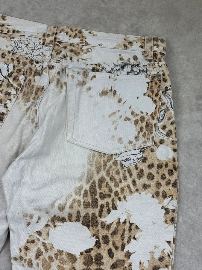2000s Roberto Cavalli Creamy White Floral Leopard Pants RlkBBjZ 7