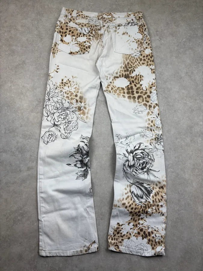 2000s Roberto Cavalli Creamy White Floral Leopard Pants RlkBBjZ 5