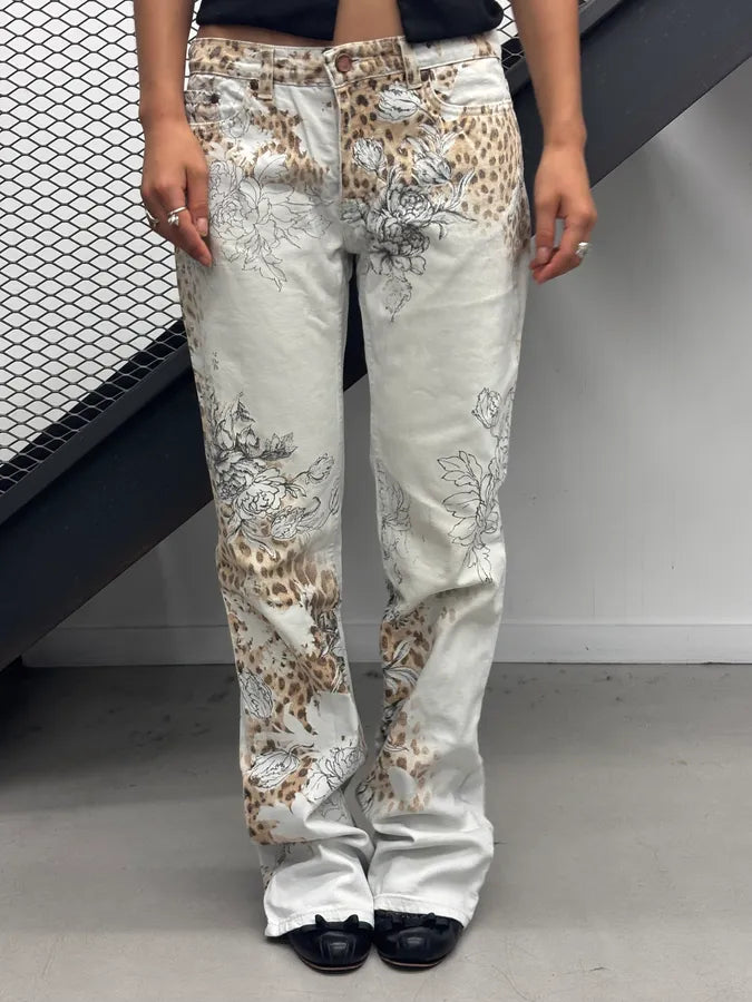 2000s Roberto Cavalli Creamy White Floral Leopard Pants RlkBBjZ 1