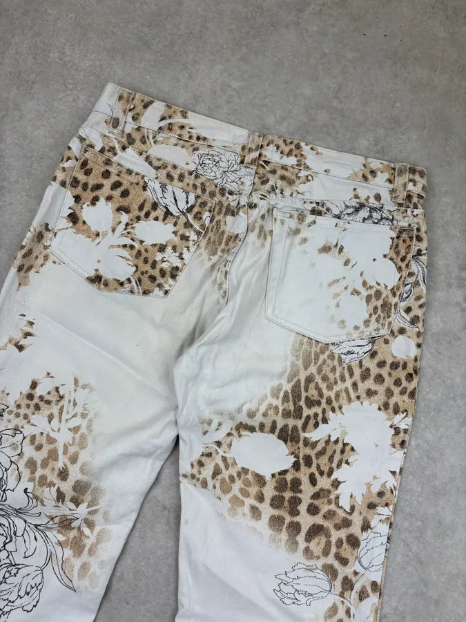 2000s Roberto Cavalli Creamy White Floral Leopard Pants RlkBBjZ 6