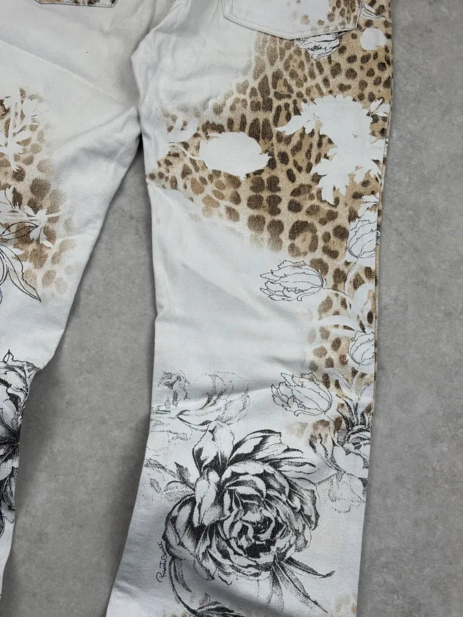 2000s Roberto Cavalli Creamy White Floral Leopard Pants RlkBBjZ 10