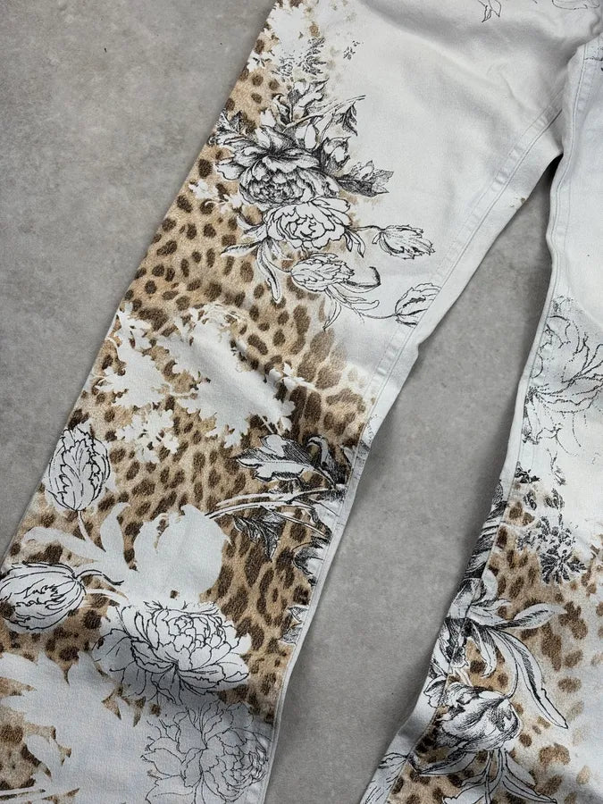 2000s Roberto Cavalli Creamy White Floral Leopard Pants RlkBBjZ 9