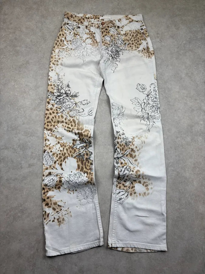 2000s Roberto Cavalli Creamy White Floral Leopard Pants RlkBBjZ 0