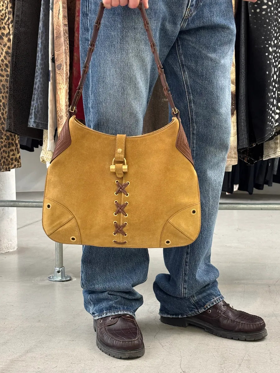 2000s Yves Saint Laurent Beige Suede Leather Interlaced Handle Bag tgKVelm 1