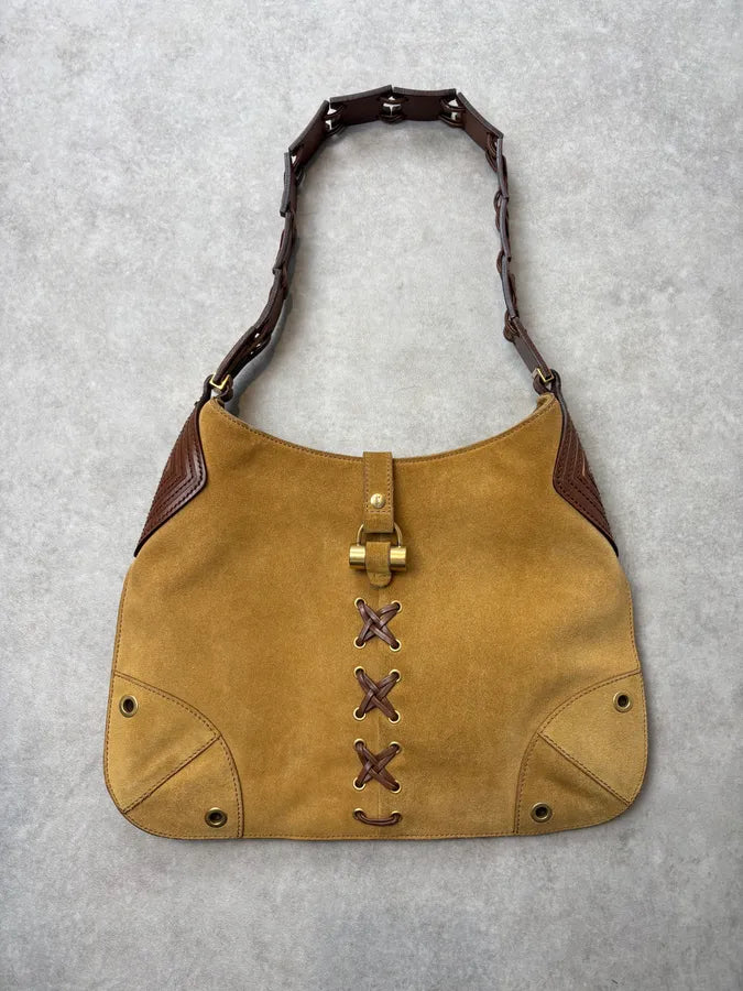 2000s Yves Saint Laurent Beige Suede Leather Interlaced Handle Bag tgKVelm 0