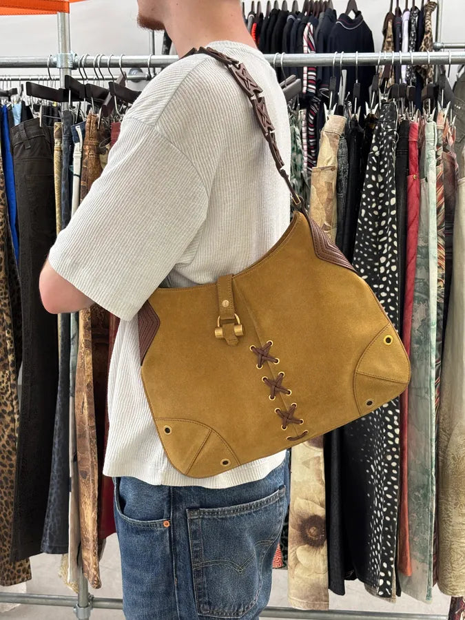 2000s Yves Saint Laurent Beige Suede Leather Interlaced Handle Bag tgKVelm 2