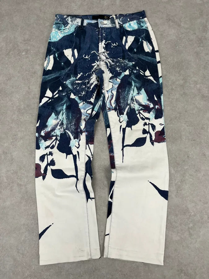 2000s Cavalli White Flowers Punk Navy Pants zIyetpK 0