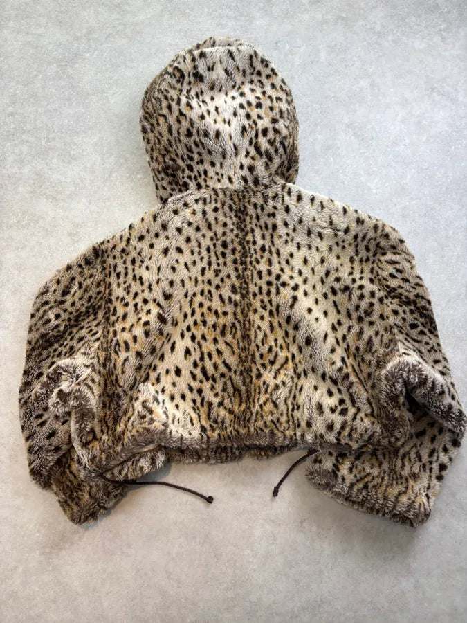 1990s Emporio Armani Beige Faux Fur Leopard Cropped Hooded Coat AKdvVMS 4