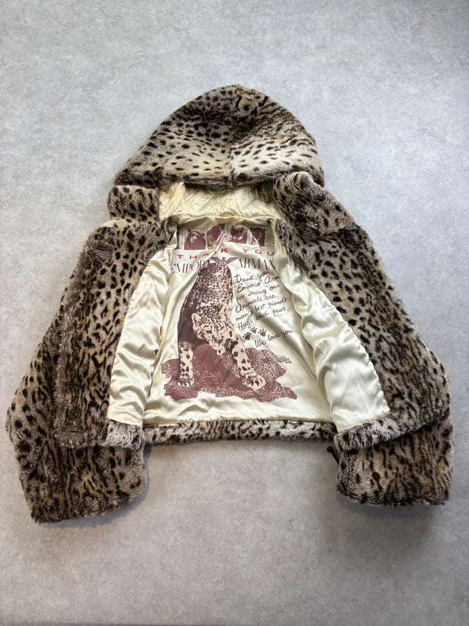 1990s Emporio Armani Beige Faux Fur Leopard Cropped Hooded Coat AKdvVMS 6