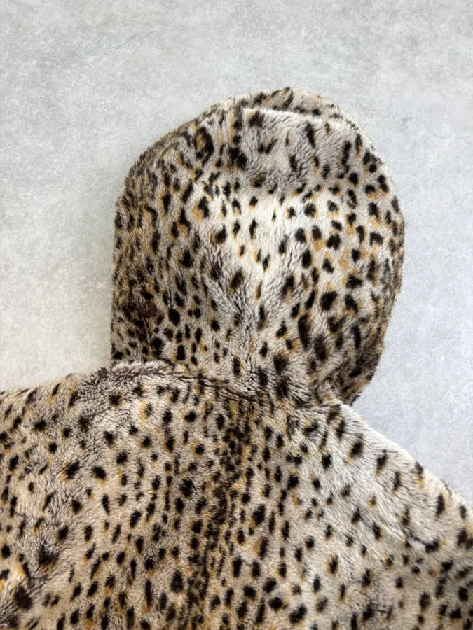 1990s Emporio Armani Beige Faux Fur Leopard Cropped Hooded Coat AKdvVMS 5