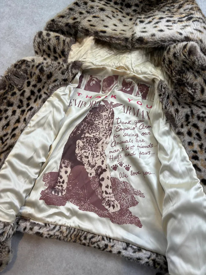 1990s Emporio Armani Beige Faux Fur Leopard Cropped Hooded Coat AKdvVMS 7